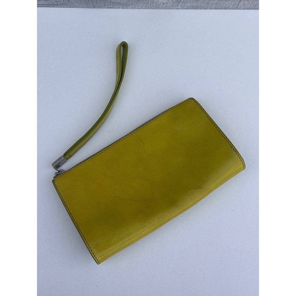 Monsac Chartreuse Green Leather Wristlet Zip Clutch Bag Silver Hardware
